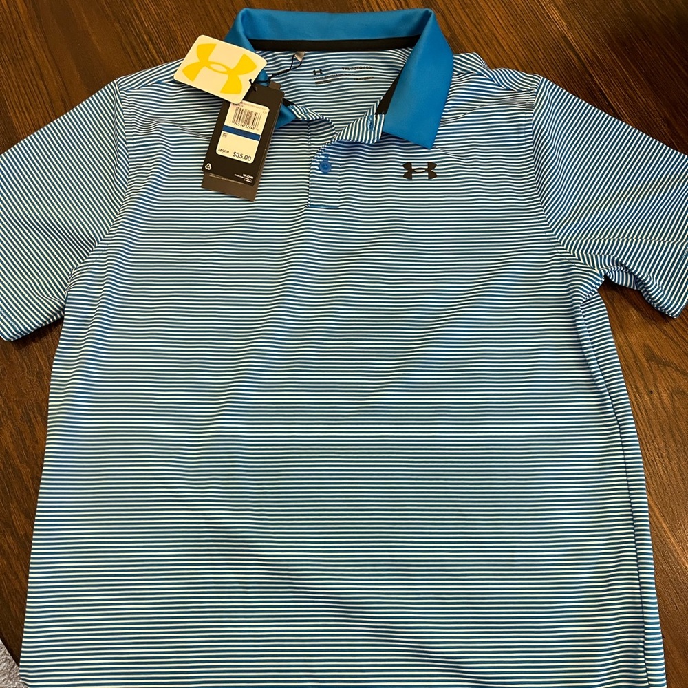 Under Armour boys youth XL blue and white stripe polo, NWT